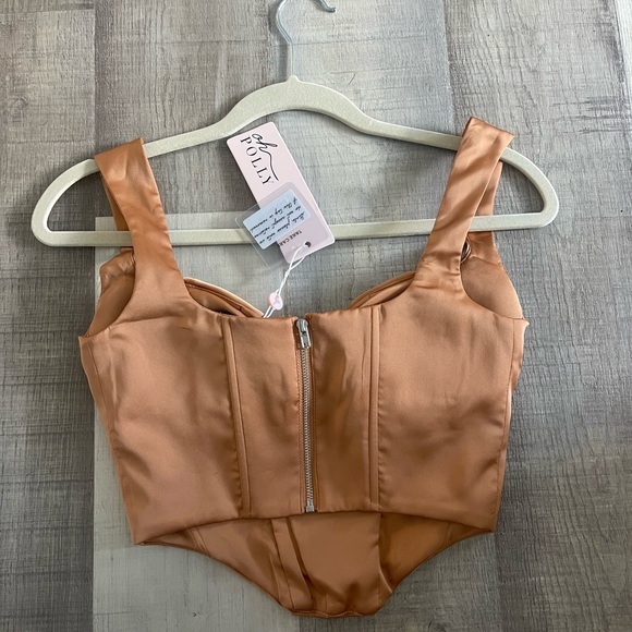 Plunge Neck Satin Corset Top in Tan. NWT - Picture 4 of 6